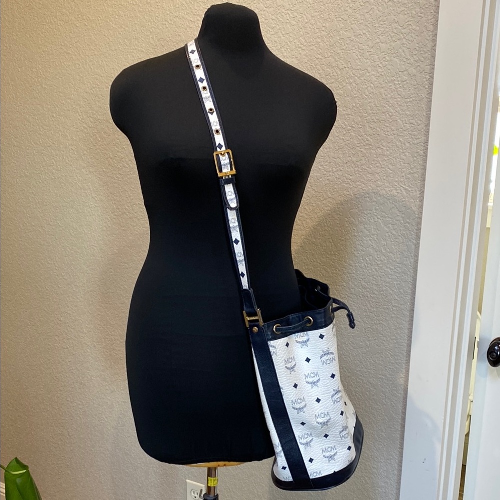 Vintage MCM White and Navy Crossbody Bucket Bag
